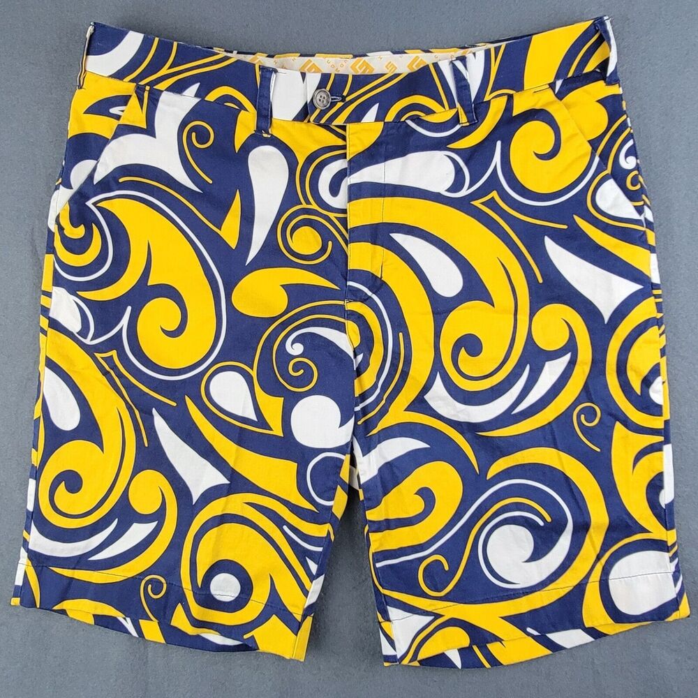 Men's Navy, Yellow & White Printed Flat Front Shorts